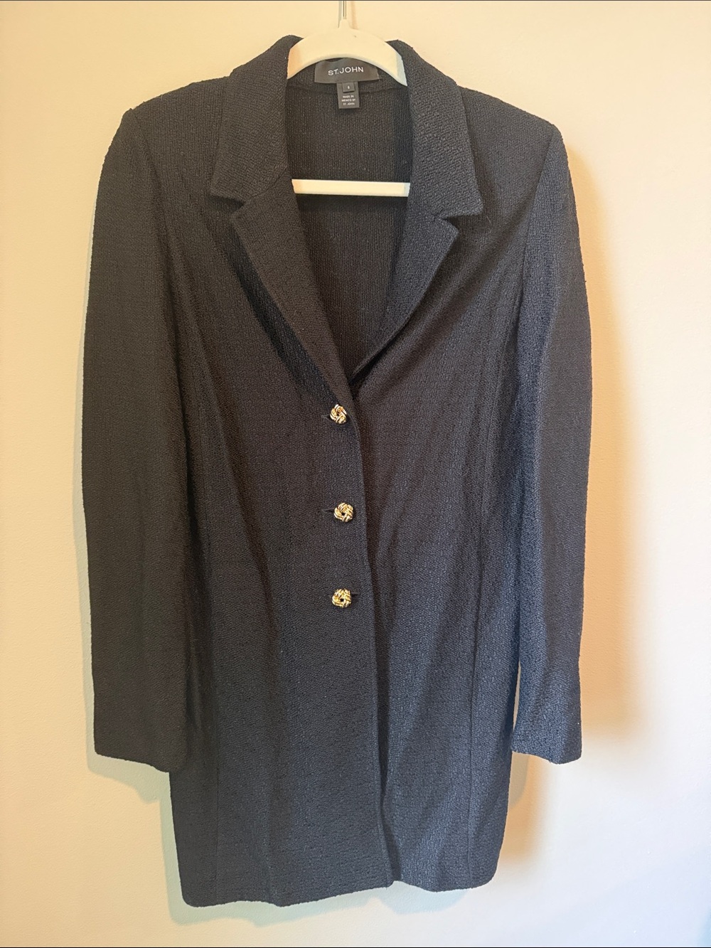 St. John Black Classic Long Knit Blazer with Decorative Buttons